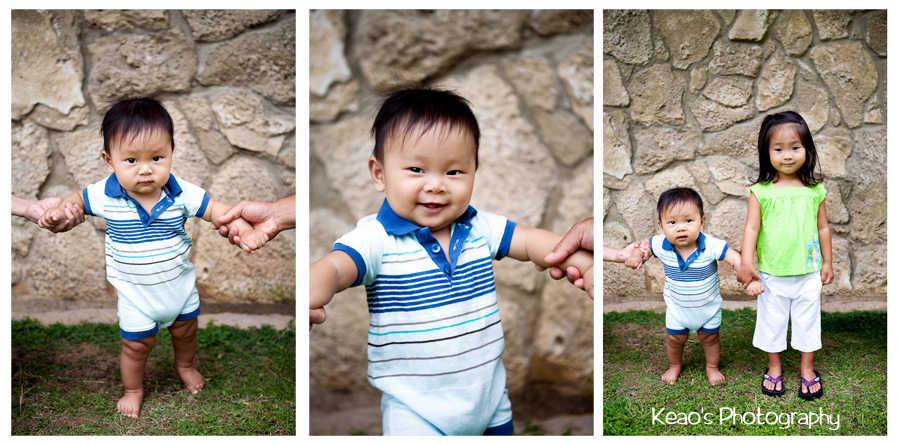 three pictures of baby boy standing up