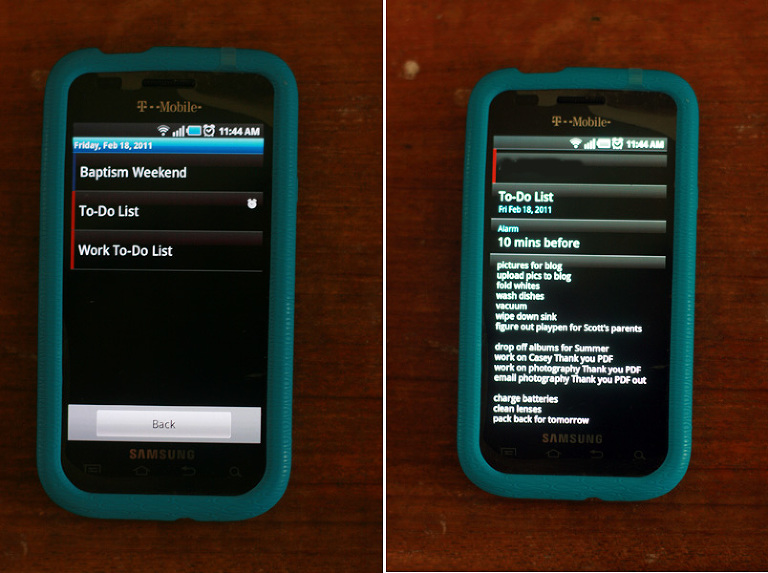 side by side of galaxy phone showing google calendar and to do list