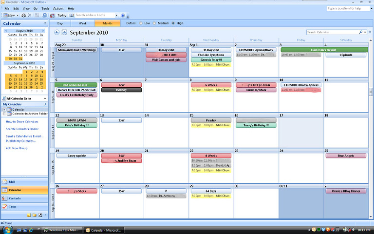 Example of my personal outlook calendar screen shot