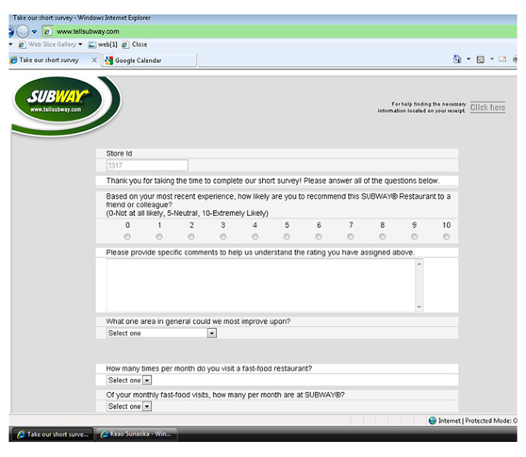 Subway online survey image