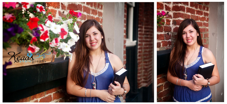Kamehameha senior photo by brick wall