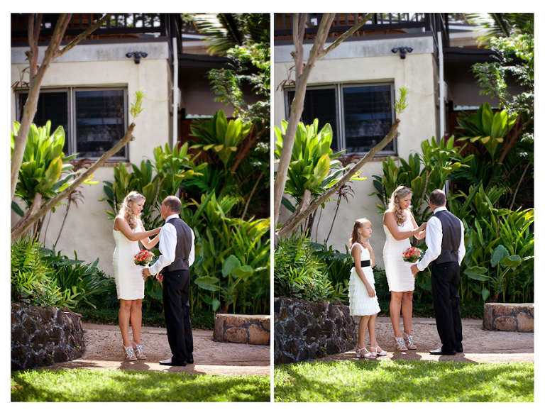 Kaneohe Bay Resort wedding bride fixing the grooms tie