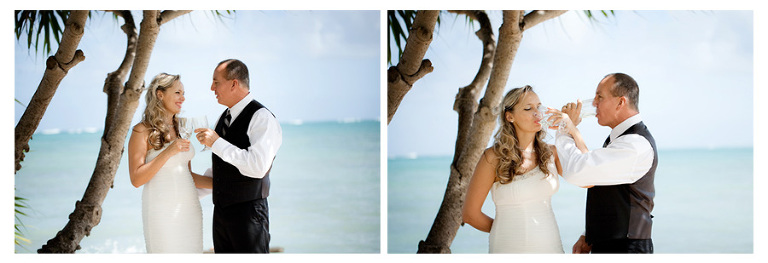 Kualoa Beach wedding on the beach bride groom champagne toaste
