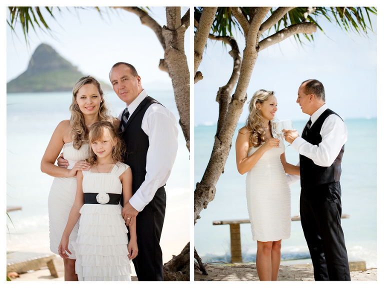 Kualoa beach wedding photographer champagne toast