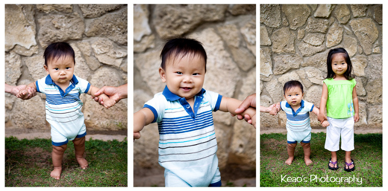 three pictures of baby boy standing up
