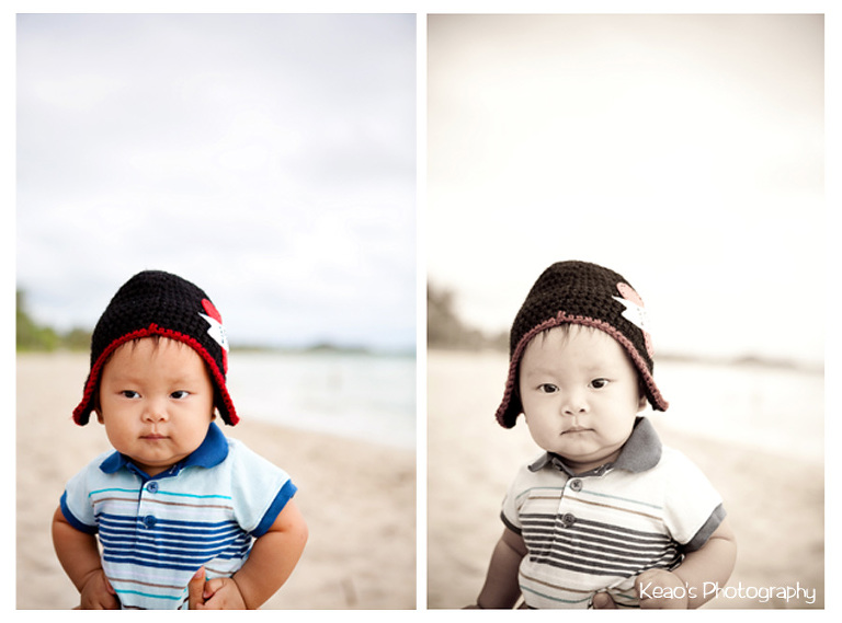 two photos of baby boy on kailua beach hawaii
