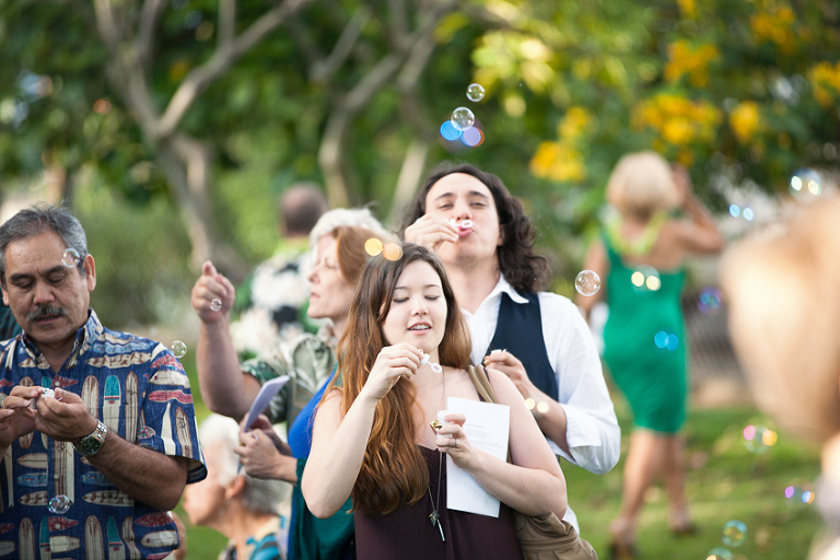 guests having fun at hawaiian wedding