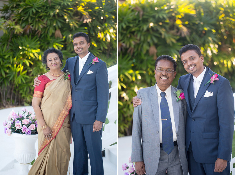 groom with his happy parents after Hawaiian wedding