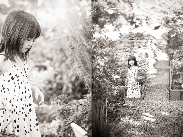 black and white photo of little girl in Foster Botanical Garden
