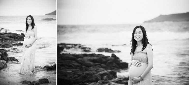 black and white maternity photo on the beach