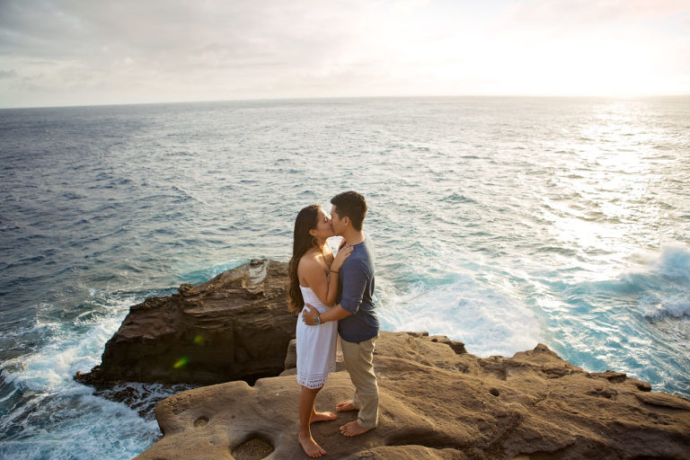 first kiss as newly engaged couple in Honolulu