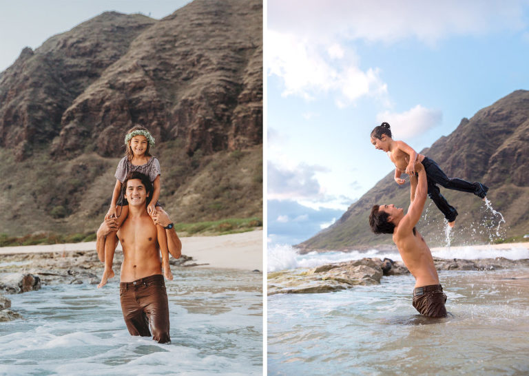 family photo dad playing with the kids in the ocean