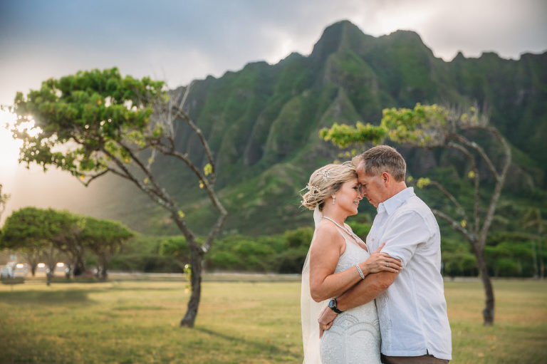 oahu wedding couple embracing during golden hour on Oahu
