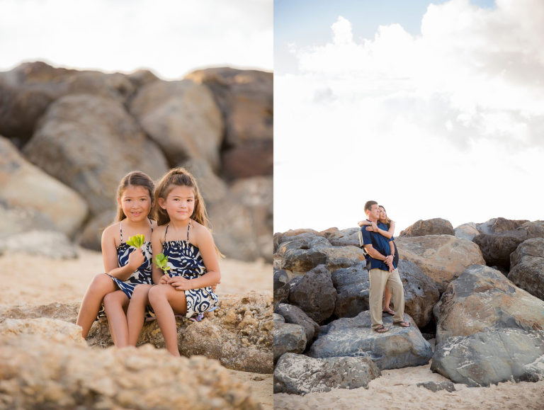 two photos of sisters sitting together on the rocks and of parents hugging and looking at sky